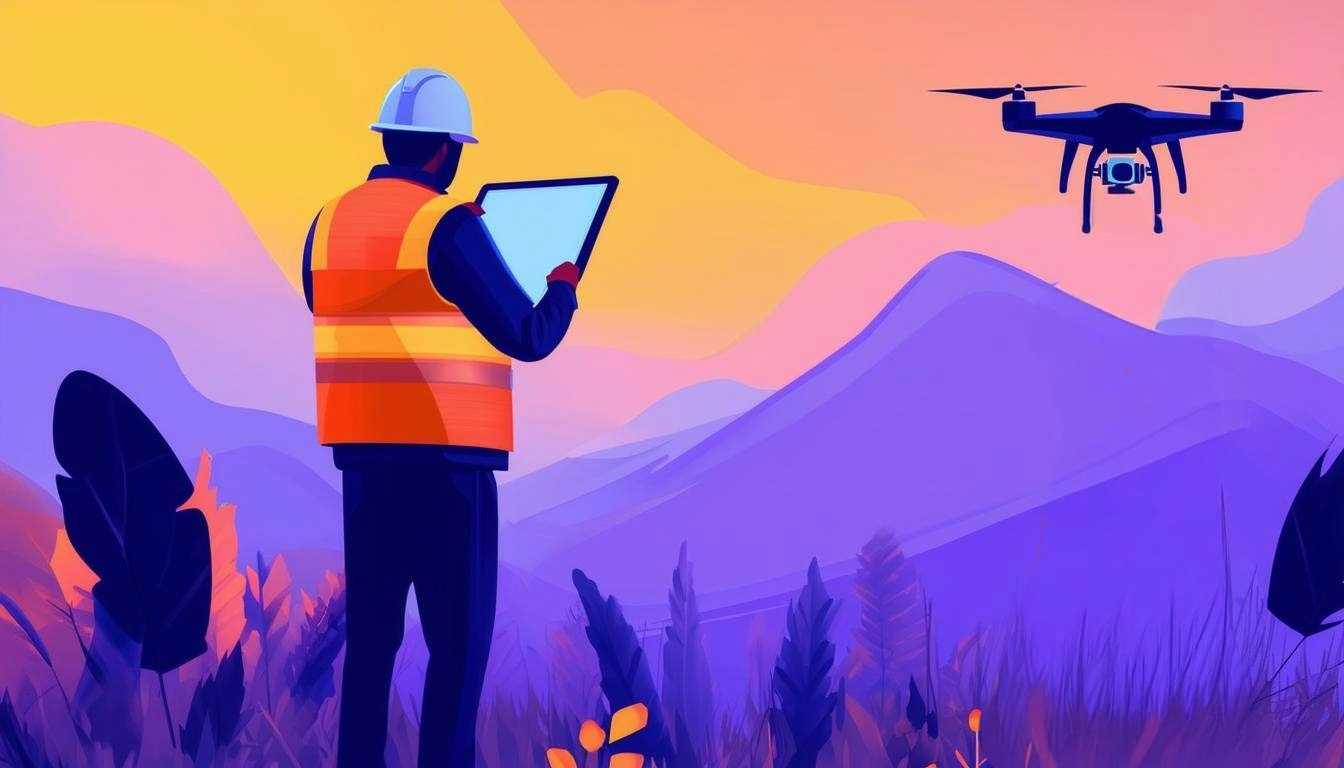 A modern, stylized illustration of a land surveyor using digital tools like a tablet or drone in the field-1