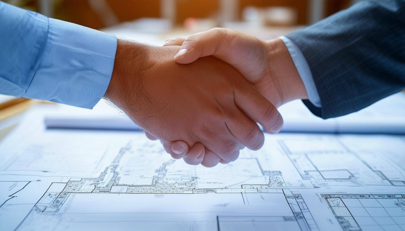 An image of two professionals shaking hands over blueprints or boundary maps, suggesting trust and collaboration